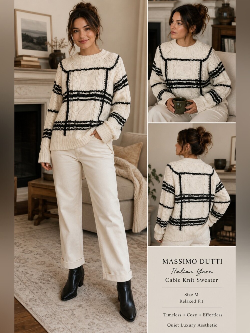Massimo Dutti Cable Knit Italian Yarn Cream Black Wool Cotton Alpaca Sweater